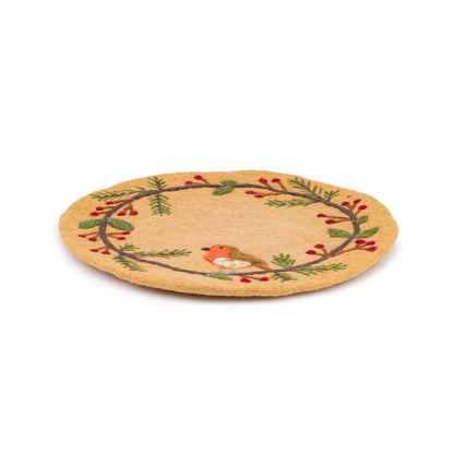 Detailfoto van vilten onderzetter 35 cm roodborstje beige