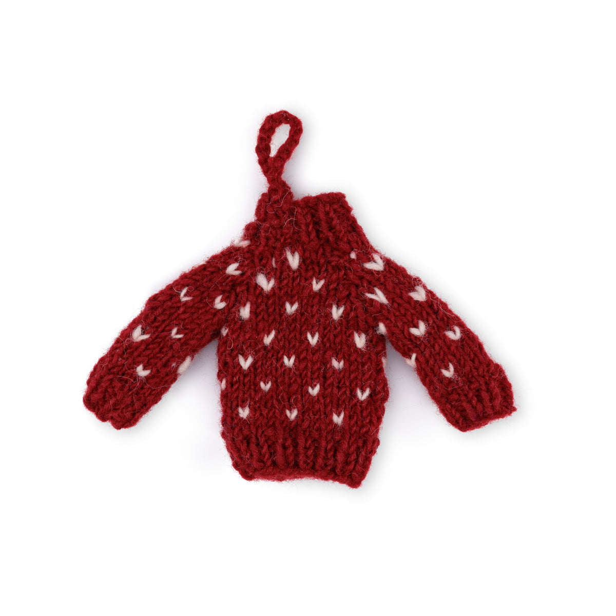 Detailfoto van vilten hanger trui donkerrood