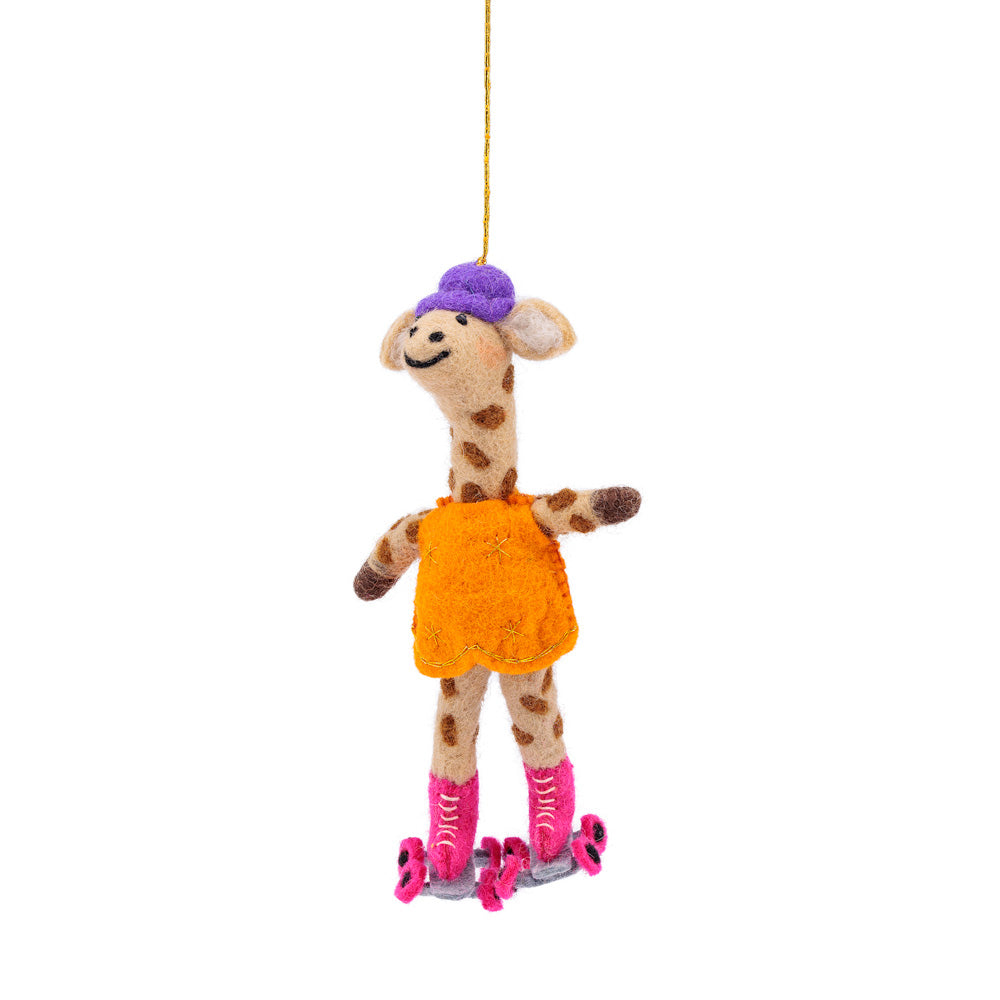 Vilten hanger giraffe op rollerskate oranje