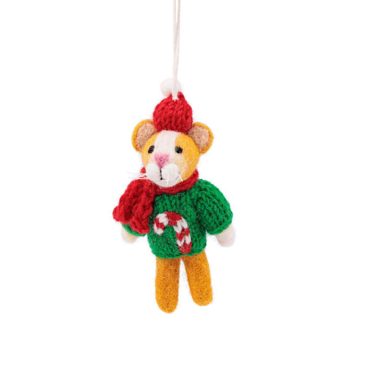 Detailfoto van vilten hanger kat kersttrui candystick