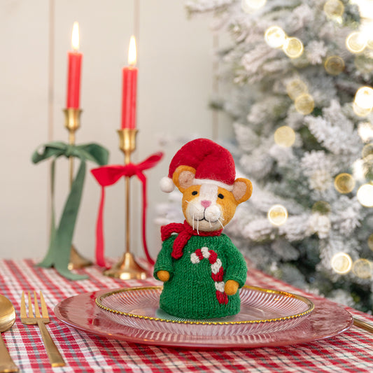 Vilten decoratie kat kersttrui candystick