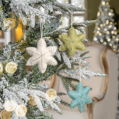Detailfoto van hanger ster winterwonderland ijsblauw van vilt